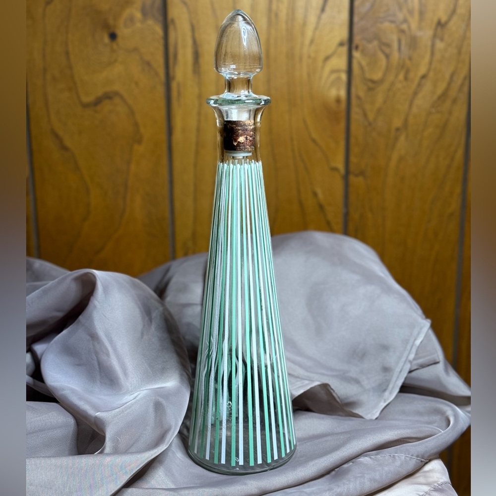 Vintage mid-century green striped decanter with stopper